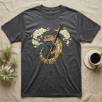 Dark grey t-shirt with a yellow and purple gecko on bamboo and clouds.