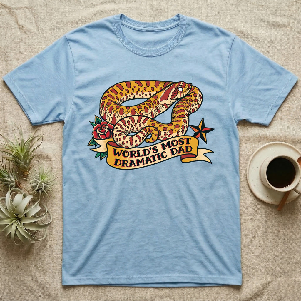 Dramatic Dad Hognose T-Shirt in Light Blue — Tattoo-flash illustration of a hognose snake mid-dramatic-flop with a banner reading World's Most Dramatic Dad.