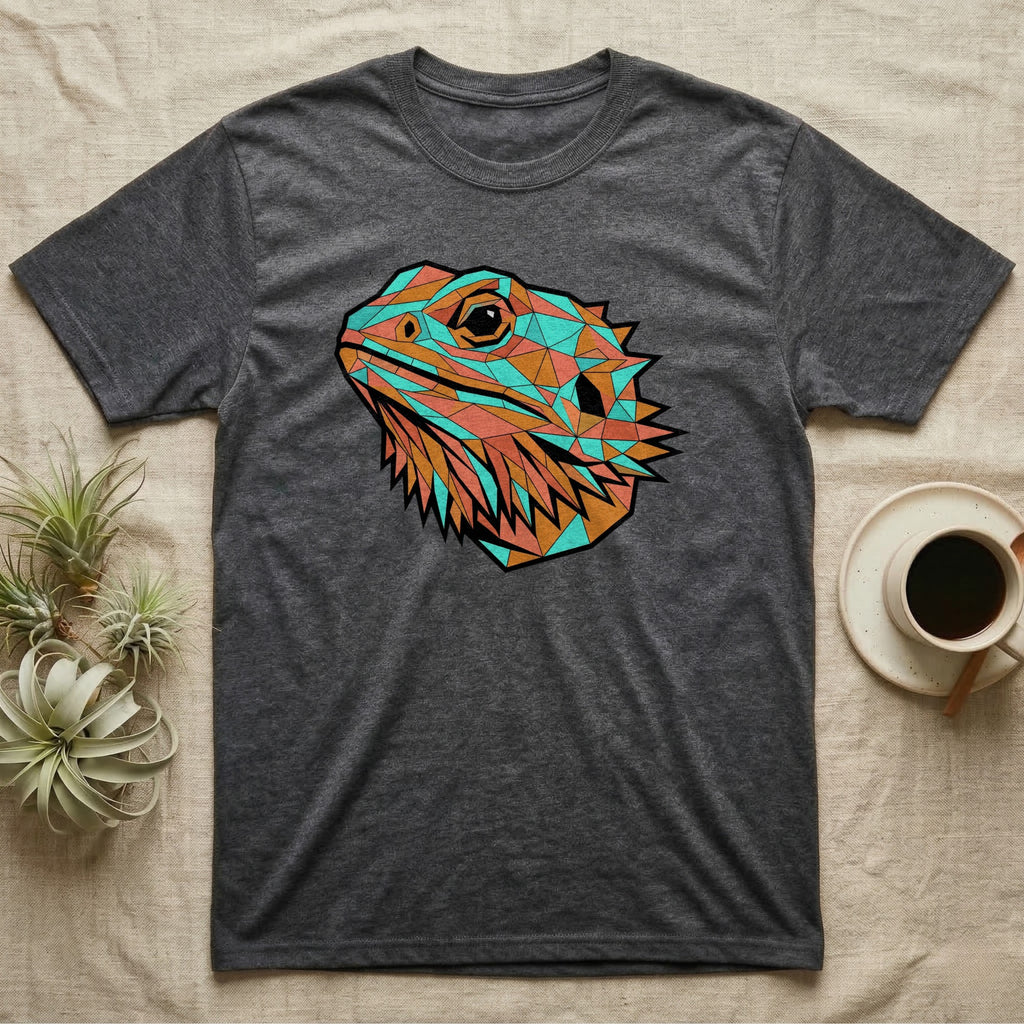 Dark grey t-shirt with geometric lizard head graphic in blue, orange, and teal.