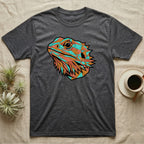 Dark grey t-shirt with geometric lizard head graphic in blue, orange, and teal.