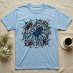 Light blue t-shirt with a blue tarantula on a black web with red accents.