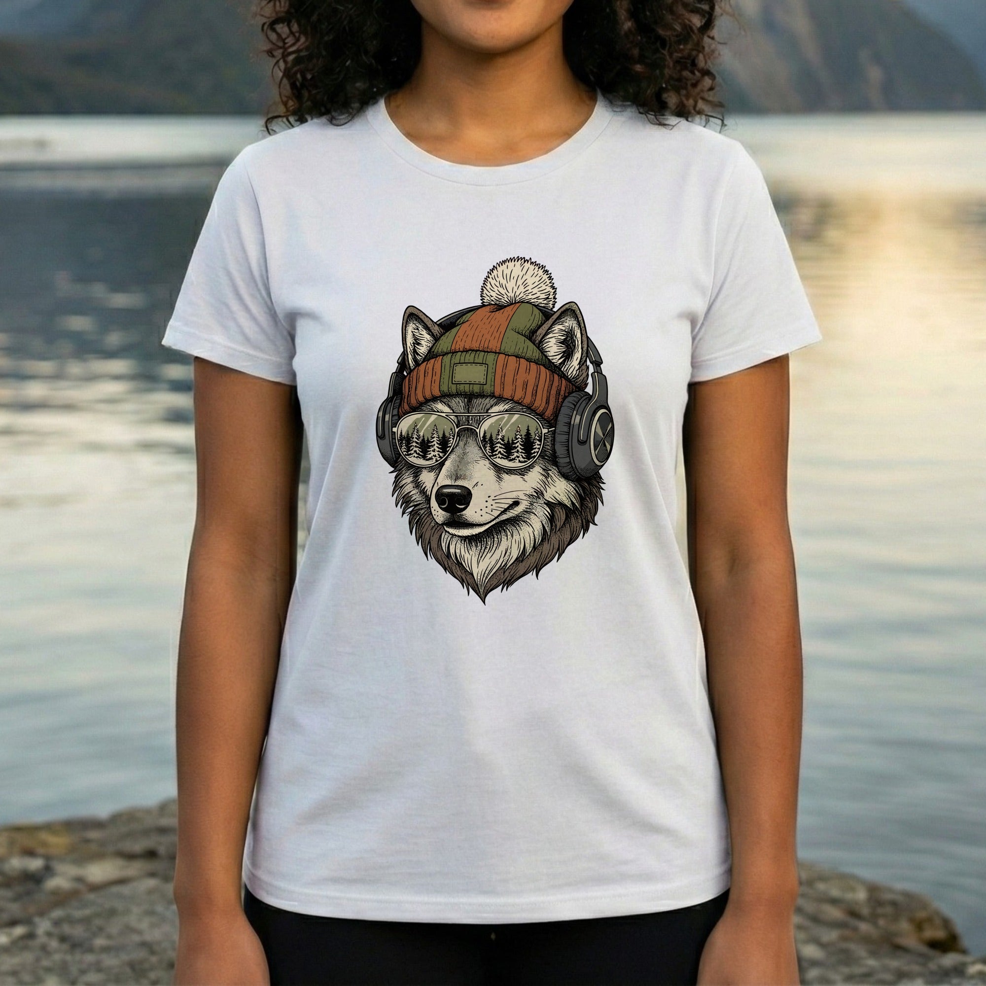 Cool Wolf with Headphones Graphic Printed T-shirt