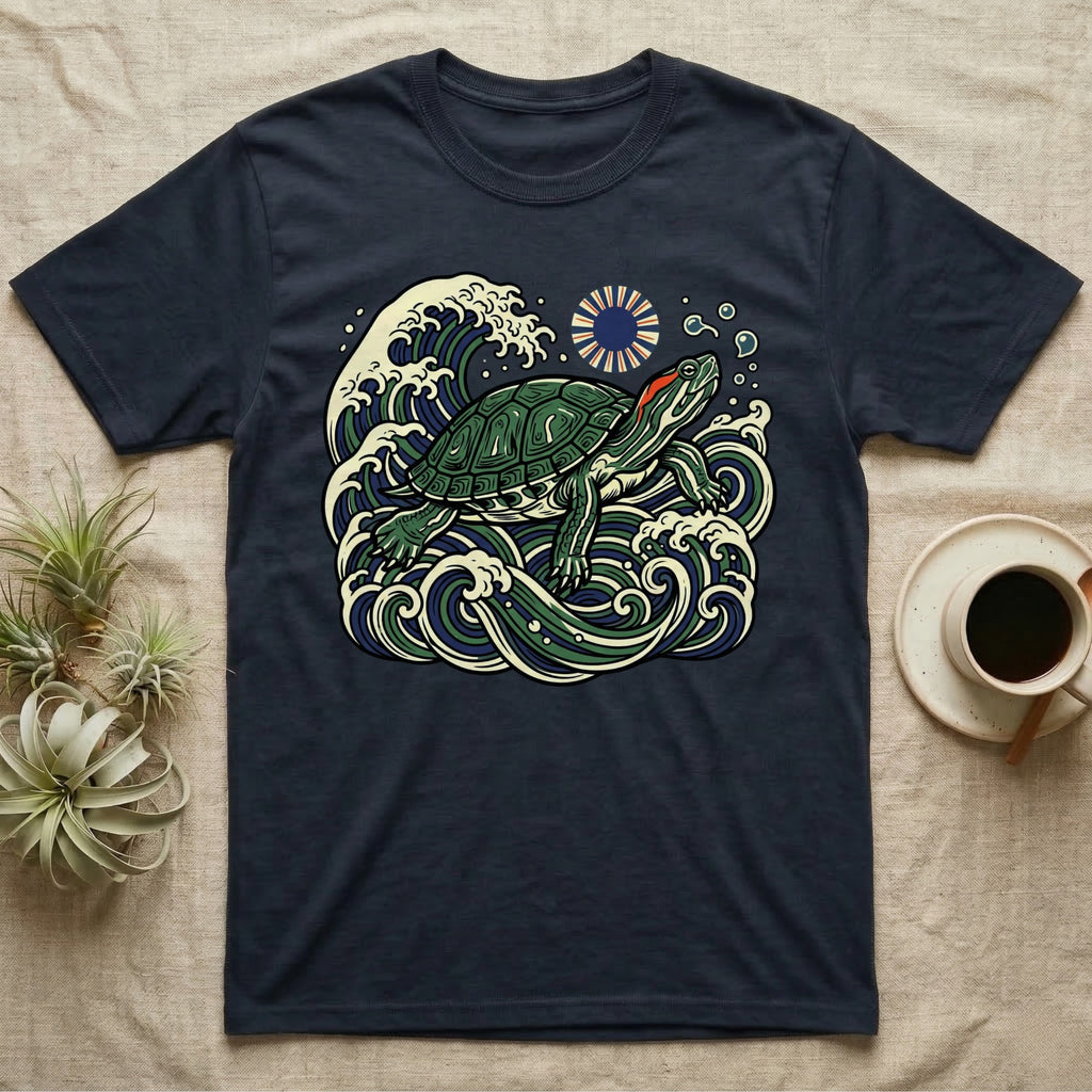 Turtle in ocean waves with sun graphic on navy t-shirt.