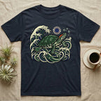 Turtle in ocean waves with sun graphic on navy t-shirt.