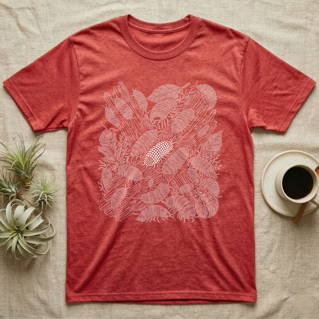 Isopod Colony Pointillism T-Shirt in Heather Red — White pointillism colony of isopods on bark with one solid albino isopod standing out at the center.
