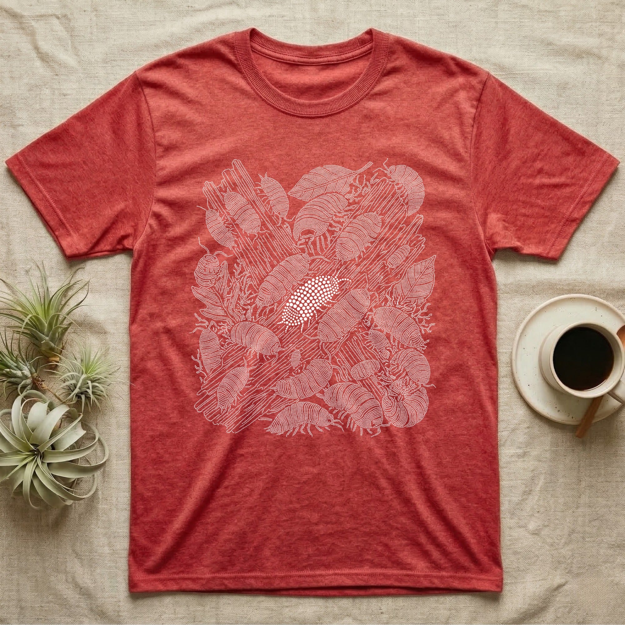 Isopod Colony Pointillism T-Shirt in Heather Red — White pointillism colony of isopods on bark with one solid albino isopod standing out at the center.