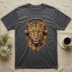 Dark gray t-shirt with a graphic of a leopard wearing headphones.