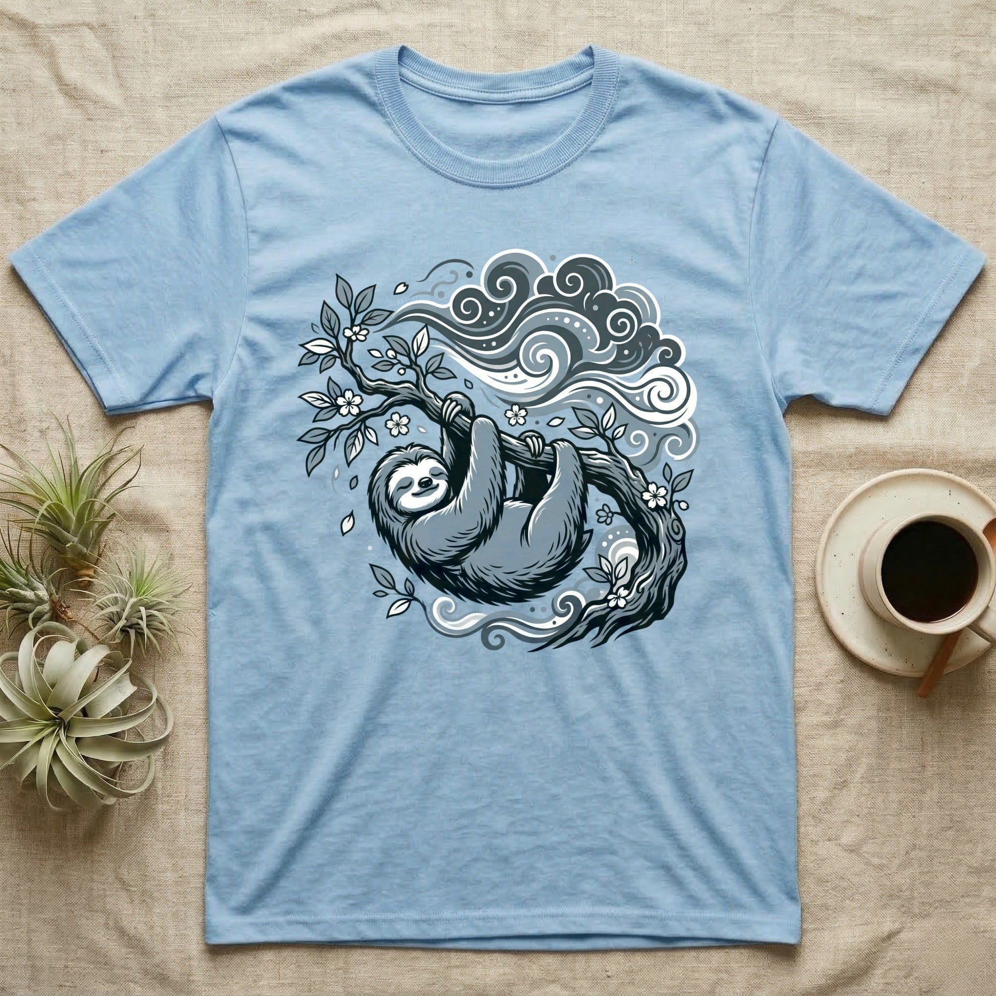 Light blue t-shirt with a stylized sloth hanging from a tree branch.