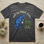 Dart Frog Misting T-Shirt in Dark Heather — Spotted blue dart frog spraying a planted vivarium under the words off to MIST vivs