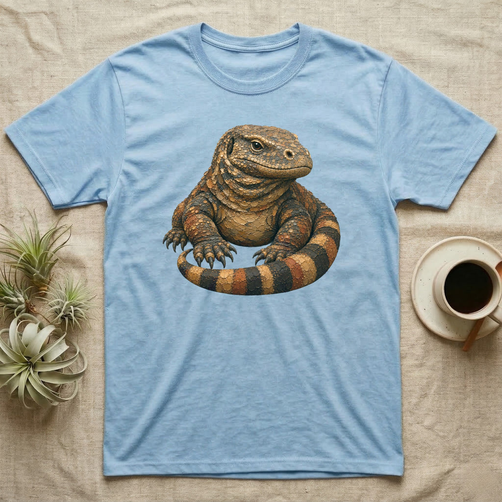 Light blue t-shirt with a detailed illustration of a Komodo dragon.