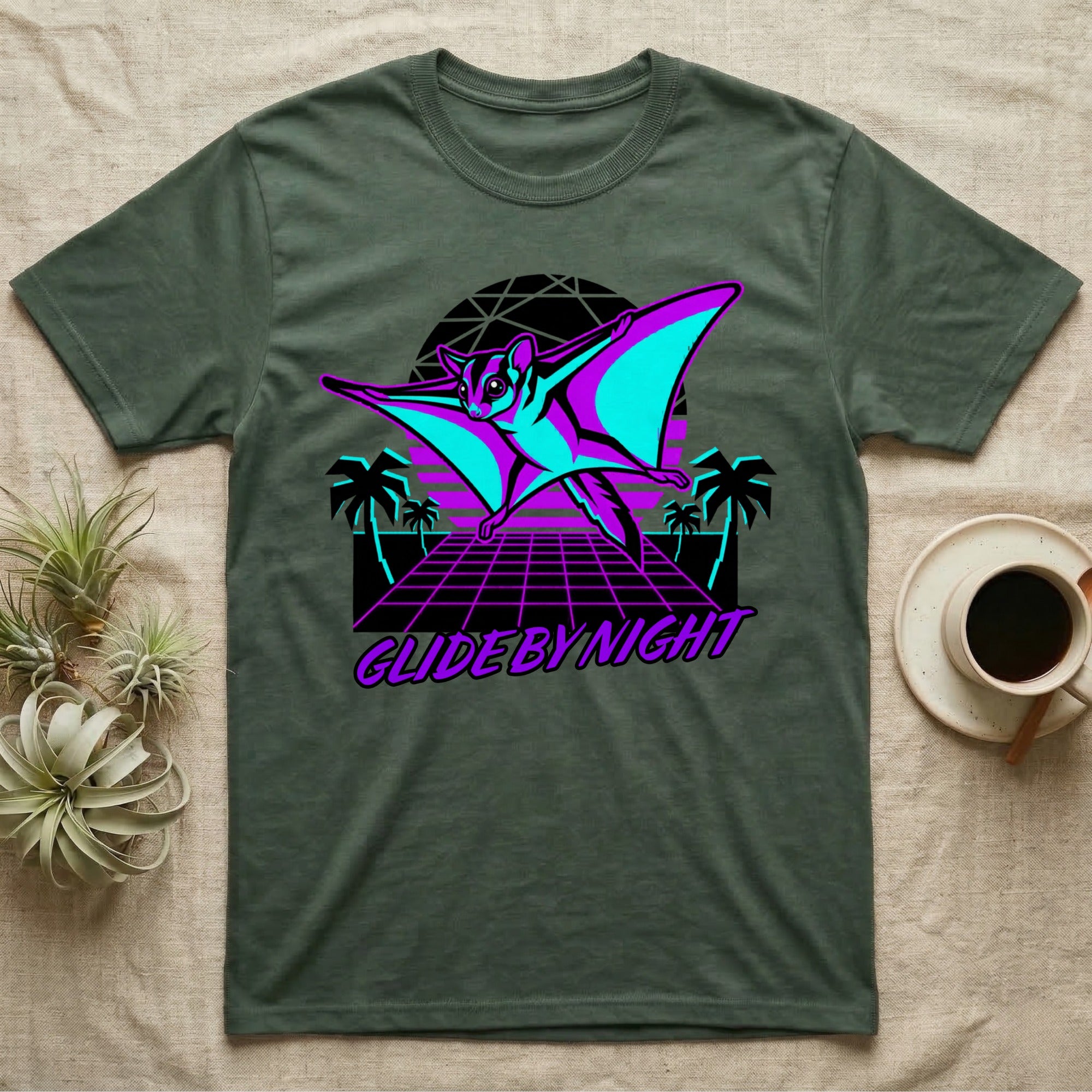 Gliding sugar glider graphic with neon palm trees and "Glide by Night" text.