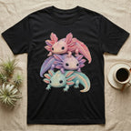 Black t-shirt featuring a stack of three cartoon axolotls in pink, purple, and blue.