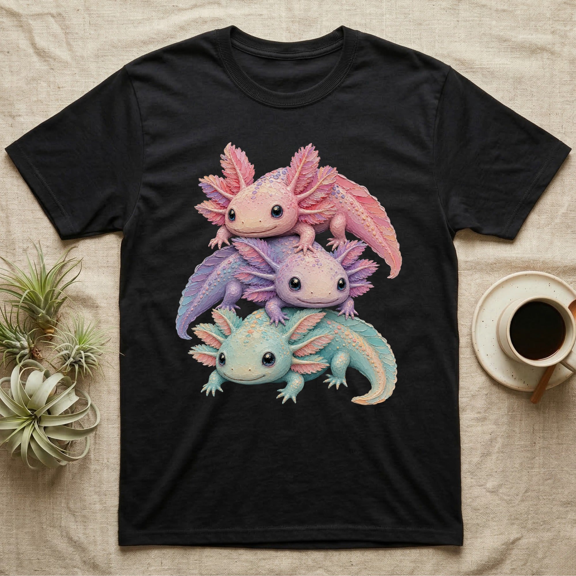 Black t-shirt featuring a stack of three cartoon axolotls in pink, purple, and blue.