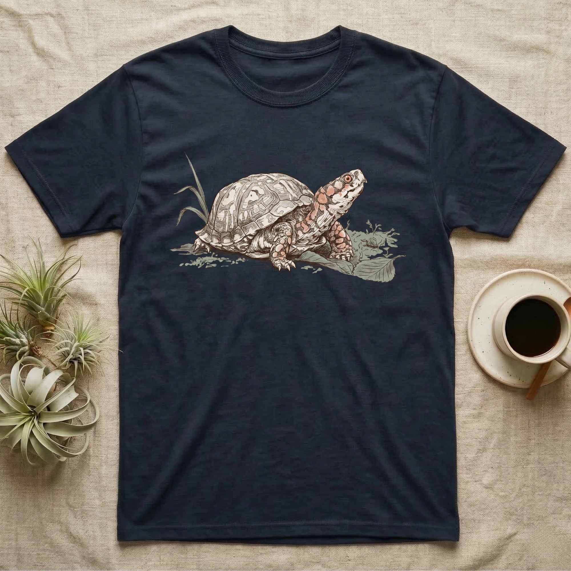 Box Turtle Shell T-Shirt in Navy — Naturalist-plate illustration of a box turtle with its shell shown as living body, above a serif welfare creed caption.