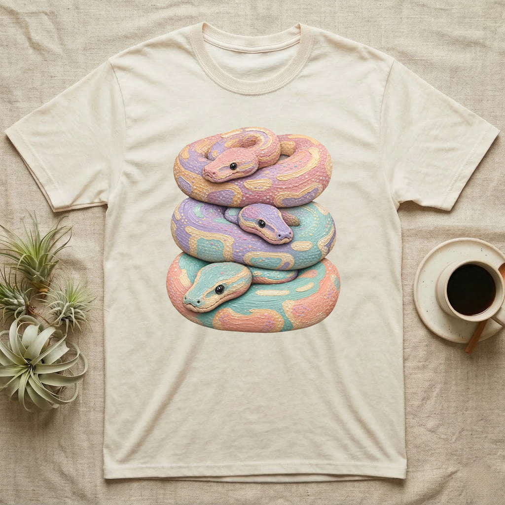 Stacked pastel snakes illustration on a cream t-shirt.