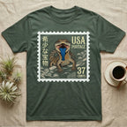 T-shirt with a stamp graphic featuring a lizard with a blue tongue and Japanese text.
