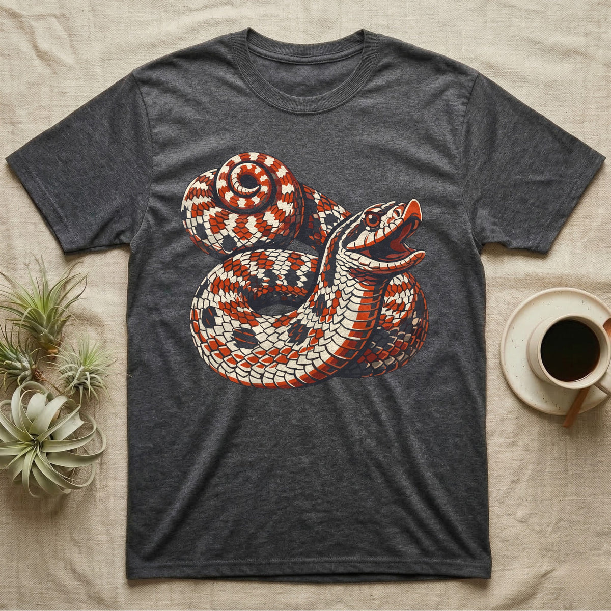 Hognose Snake Hood Flare T-Shirt in Dark Heather — Bold three-colour screen-print illustration of a coiled western hognose snake with its neck flared into a hood and mouth open, no on-shirt text.