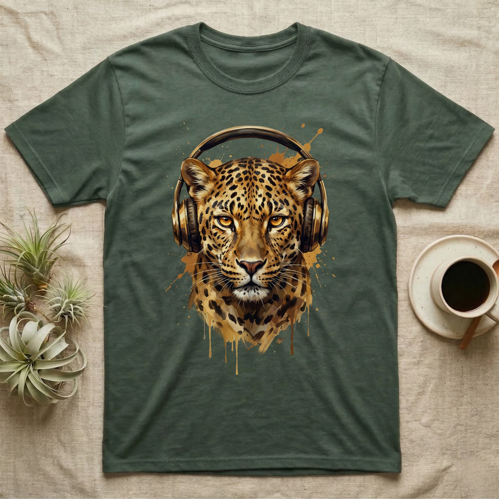 Leopard head wearing gold headphones with paint splatters.
