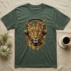 Leopard head wearing gold headphones with paint splatters.
