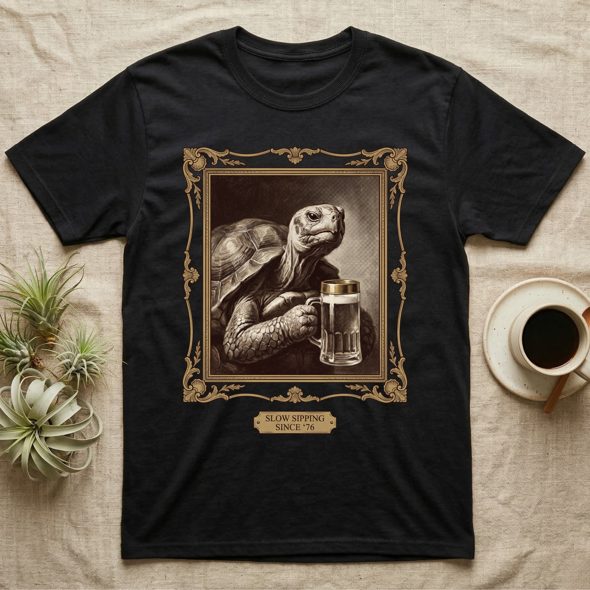 Slow Sipping Tortoise T-Shirt in Black — Old-master oil portrait of a dignified tortoise holding a beer stein with a brass "Slow Sipping Since '76" plaque.