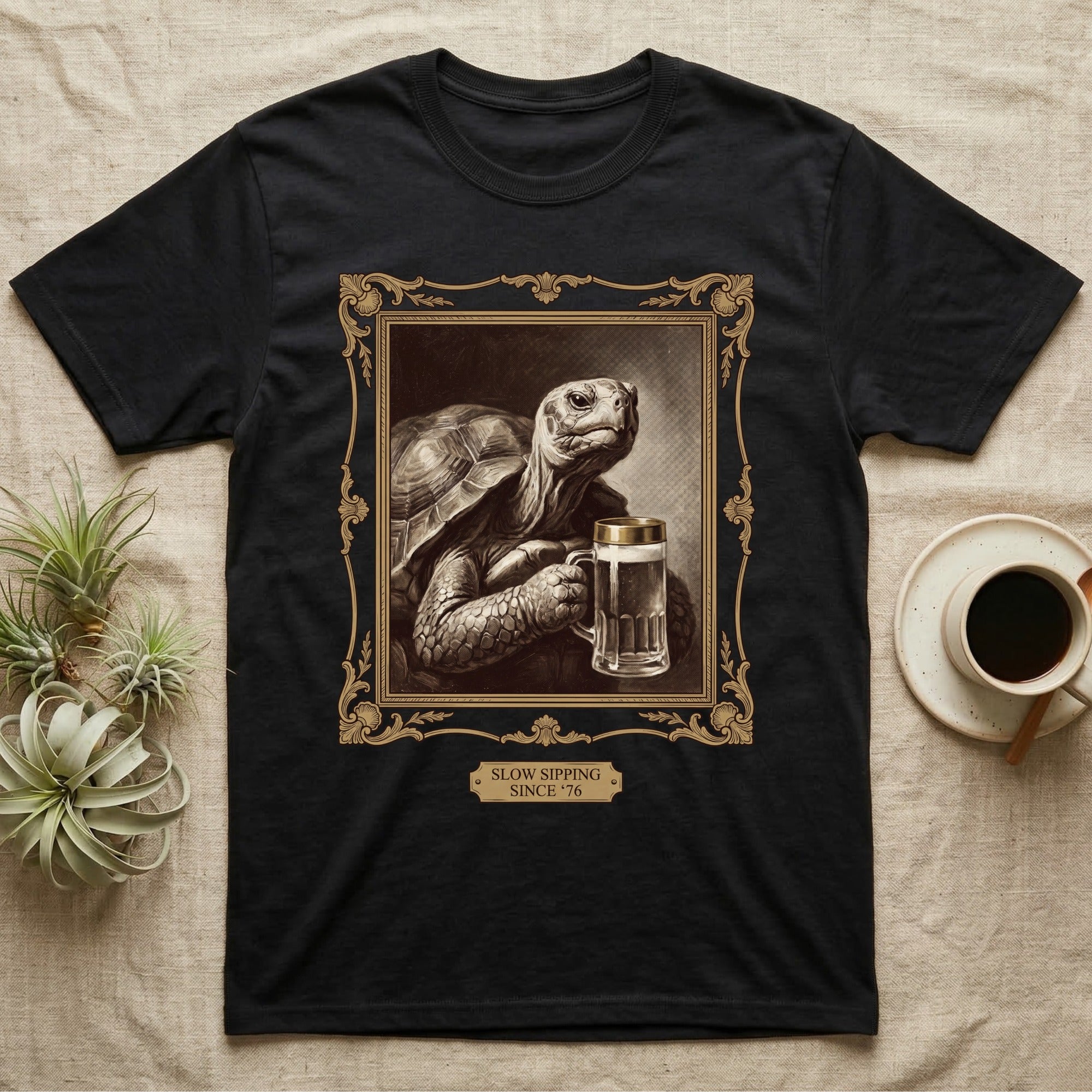 Slow Sipping Tortoise T-Shirt in Black — Old-master oil portrait of a dignified tortoise holding a beer stein with a brass "Slow Sipping Since '76" plaque.