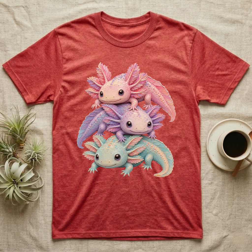 Three axolotls stacked on a heather red t-shirt.