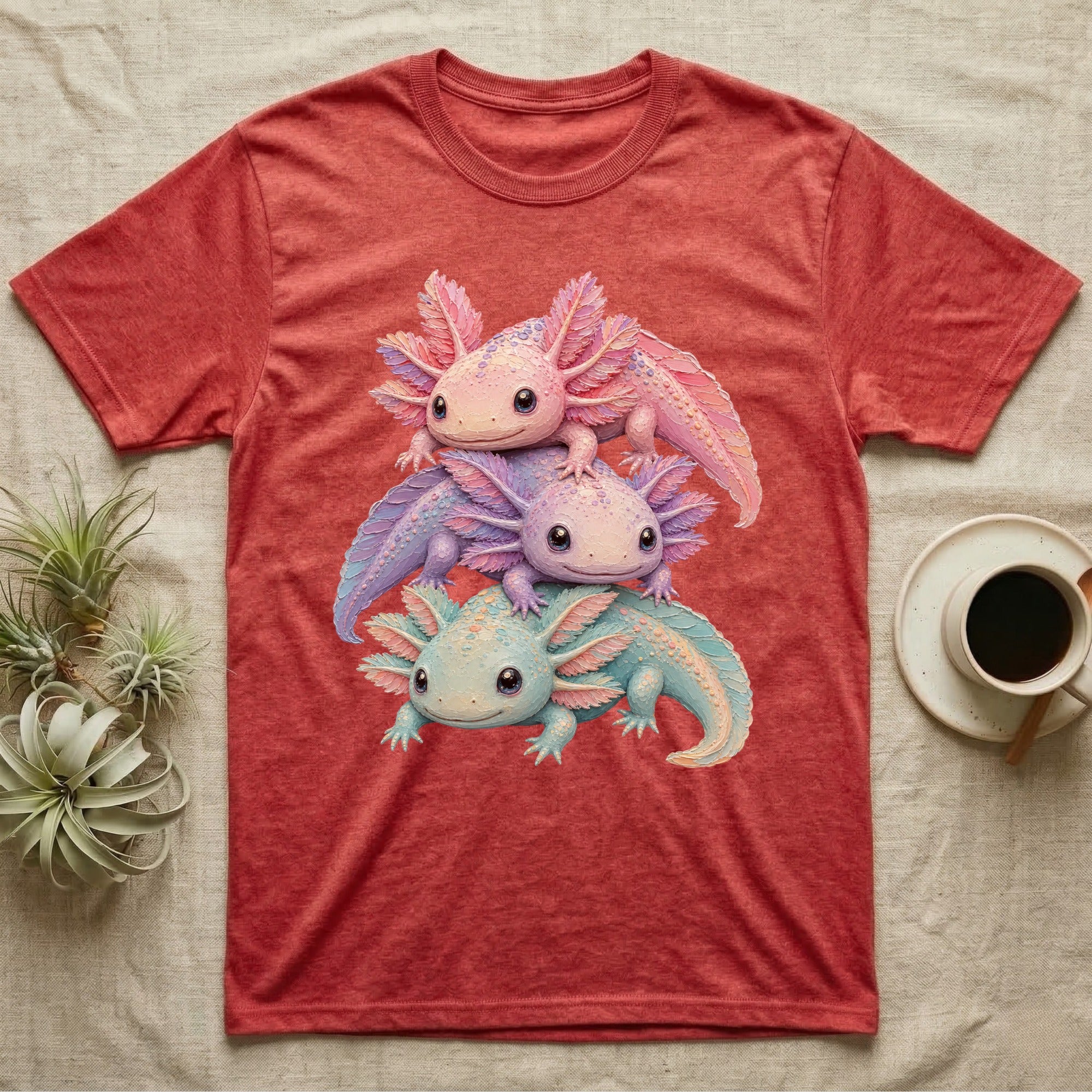 Three axolotls stacked on a heather red t-shirt.