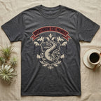 Overthrow The Market Python T-Shirt in Dark Heather — Vintage heraldic-crest illustration of a regal ball python with a banner reading "Overthrow The Market."