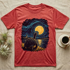 Hermann's Tortoise Moon T-Shirt in Heather Red — Painted Hermann's tortoise seen from behind, neck stretched up, biting a piece out of a golden spiral moon in a swirling blue night sky over a lake
