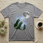 Giant Day Gecko Moon Howl T-Shirt in Sport Grey — Three Giant Day Gecko colour morphs howling at a full moon over a nebula on a dark grey t-shirt.