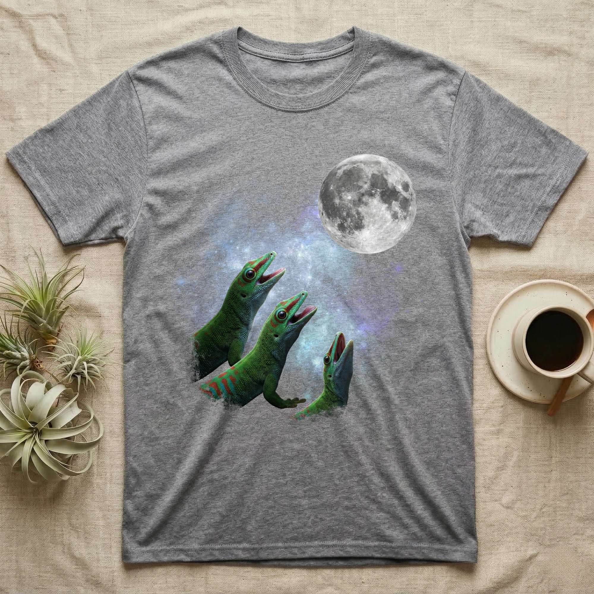 Giant Day Gecko Moon Howl T-Shirt in Sport Grey — Three Giant Day Gecko colour morphs howling at a full moon over a nebula on a dark grey t-shirt.