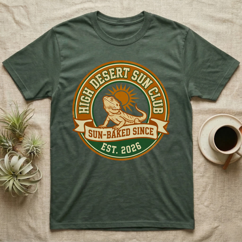 Green t-shirt with "High Desert Sun Club" logo featuring a lizard and sun.