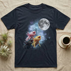 Axolotl Moon Howl T-Shirt in Navy — Three Axolotl colour morphs howling at a full moon over a nebula on a dark grey t-shirt.