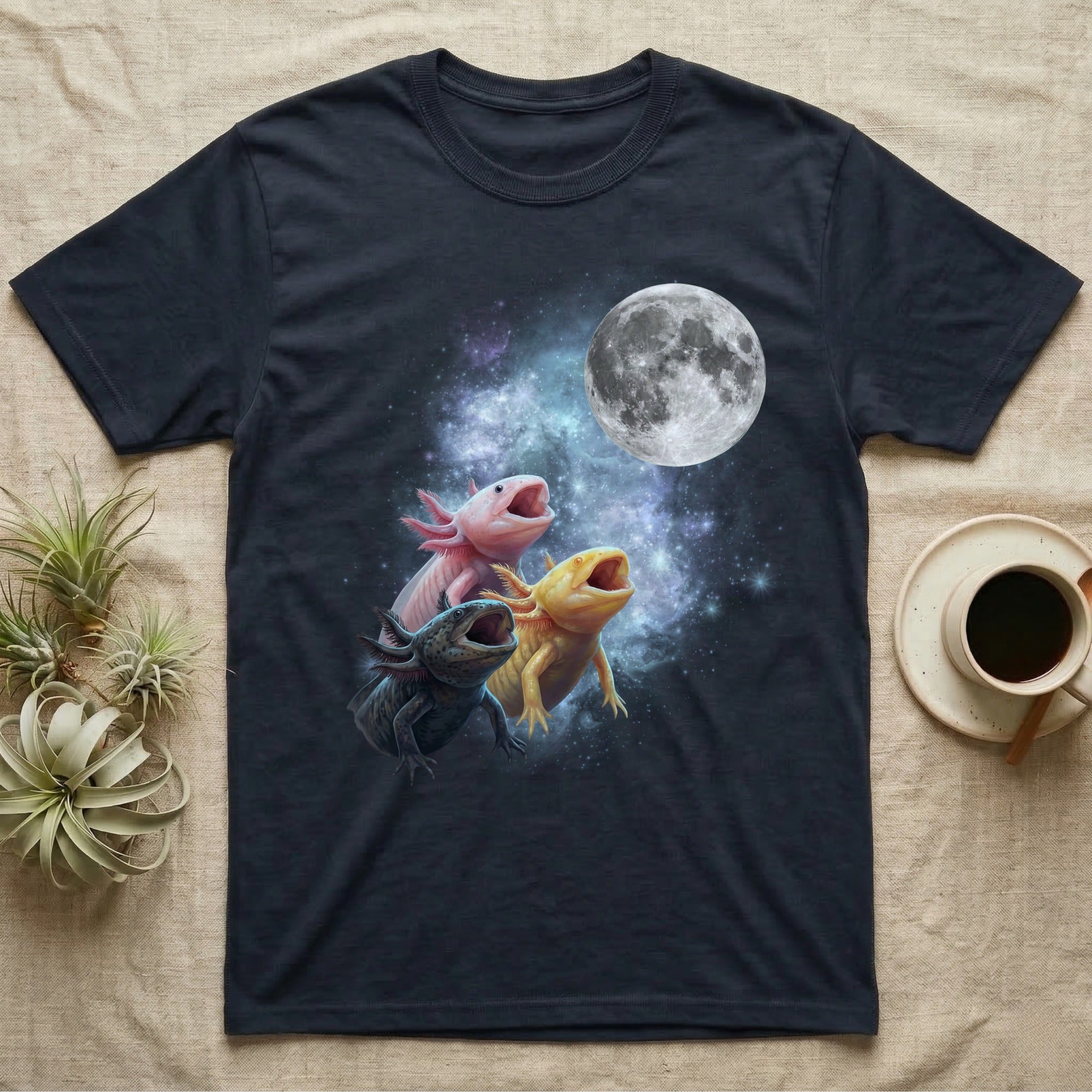 Axolotl Moon Howl T-Shirt in Navy — Three Axolotl colour morphs howling at a full moon over a nebula on a dark grey t-shirt.