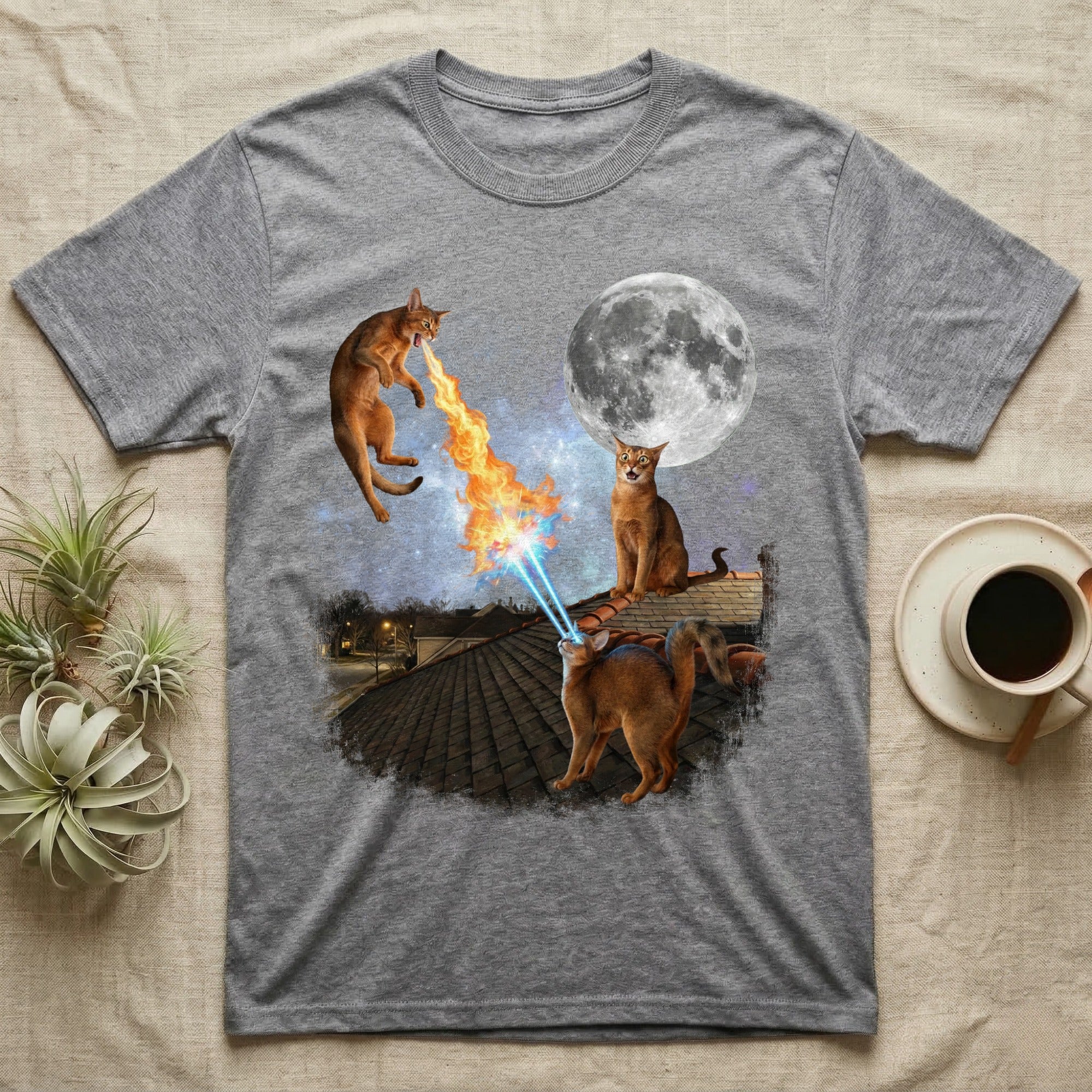 Cats with laser eyes and flames on a roof under the moon.
