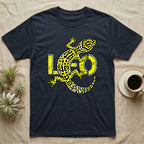 Dark t-shirt with yellow leopard gecko graphic and "Leo" text.