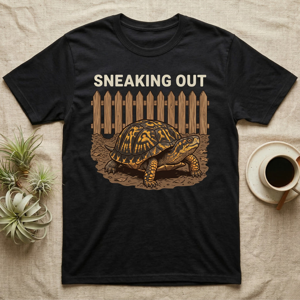 Box Turtle Sneaking T-Shirt in Black — Eastern box turtle crawling out from under a brown picket fence beneath the words Sneaking Out