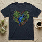 Dark t-shirt with blue poison dart frog in a heart-shaped floral design.