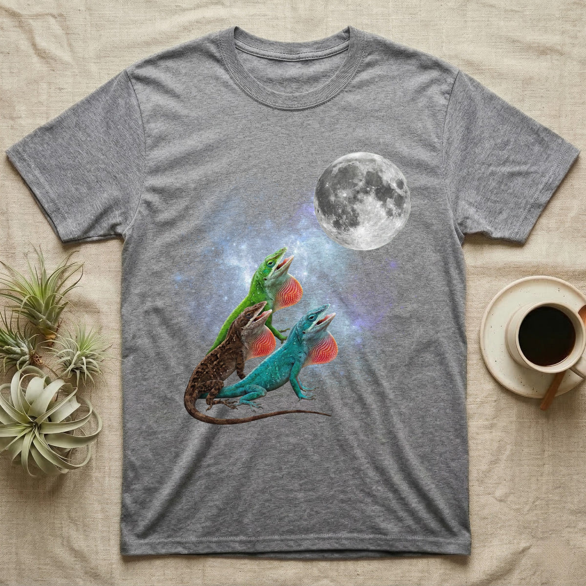 Green Anole Moon Howl T-Shirt in Sport Grey — Three Green Anole colour morphs howling at a full moon over a nebula on a dark grey t-shirt.