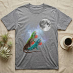 Green Anole Moon Howl T-Shirt in Sport Grey — Three Green Anole colour morphs howling at a full moon over a nebula on a dark grey t-shirt.