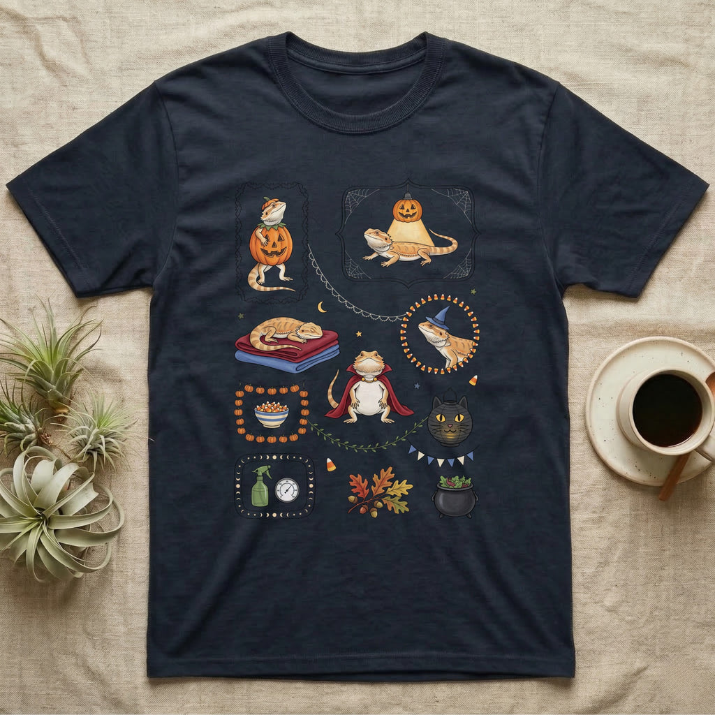 Bearded Dragon Halloween Sampler T-Shirt in Navy — Gouache sampler of ten bearded dragon Halloween vignettes — pumpkin costume, witch hat, red cape — on dark charcoal.