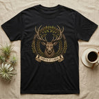 Black t-shirt featuring a deer head with antlers surrounded by an oak wreath and banner reading "Fortis Et Liber".