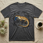 Dark grey t-shirt with a bearded dragon and bamboo branch graphic.