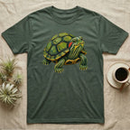 Green t-shirt with a detailed illustration of a red-eared slider turtle.