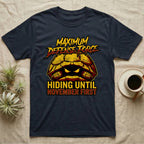 Tortoise Maximum Defense Force T-Shirt in Navy — Metal graphic of a tortoise glaring from its shell, "Maximum Defense Force, Hiding Until November First."