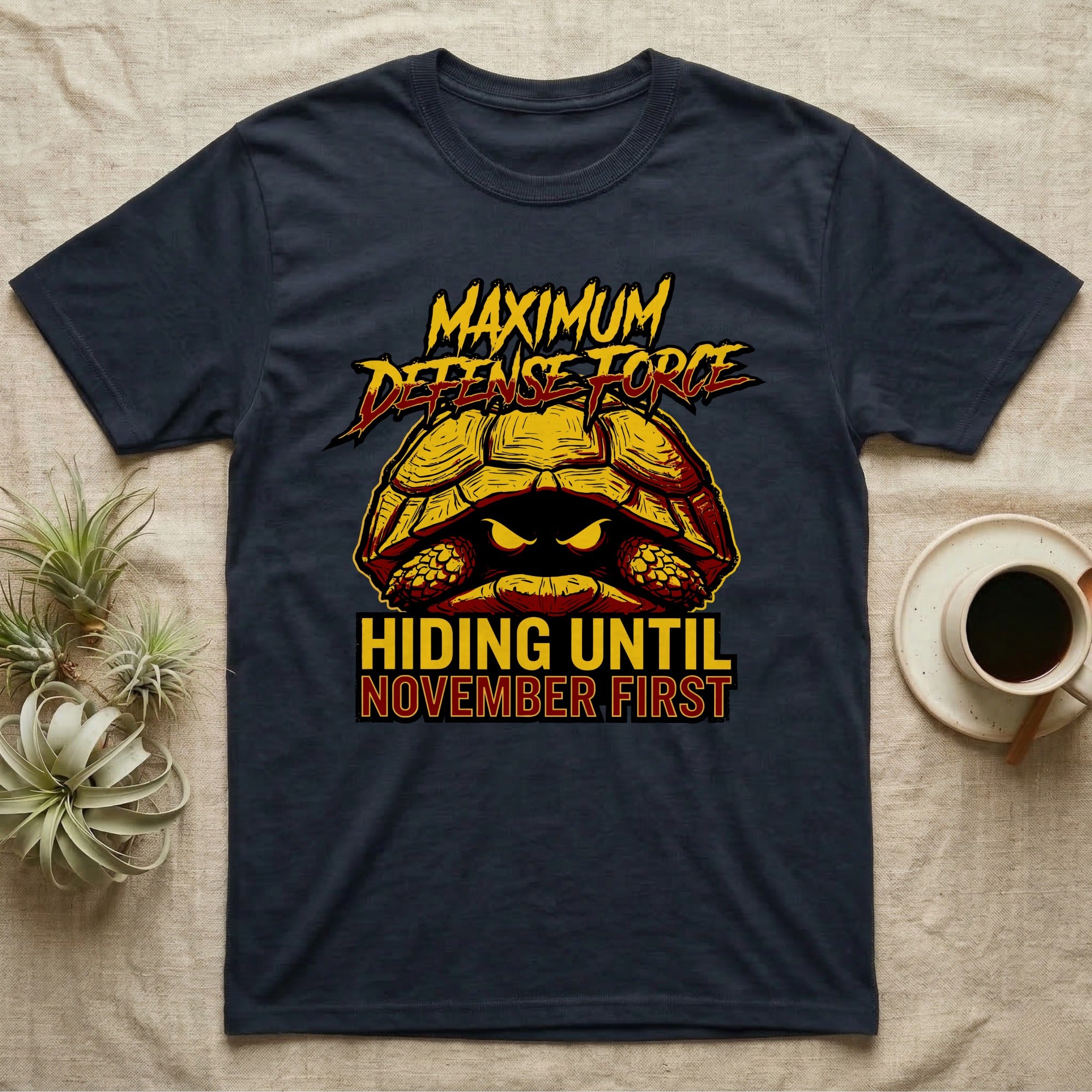 Tortoise Maximum Defense Force T-Shirt in Navy — Metal graphic of a tortoise glaring from its shell, "Maximum Defense Force, Hiding Until November First."