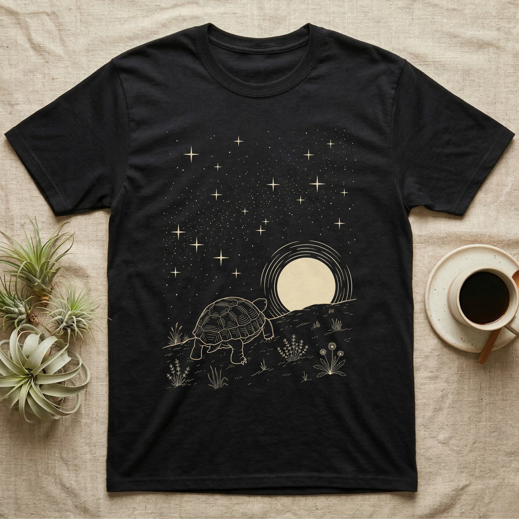 Russian Tortoise Moonlight T-Shirt in Black — Scratchboard-style Russian tortoise walking up a steppe ridge toward a setting moon under a starry sky