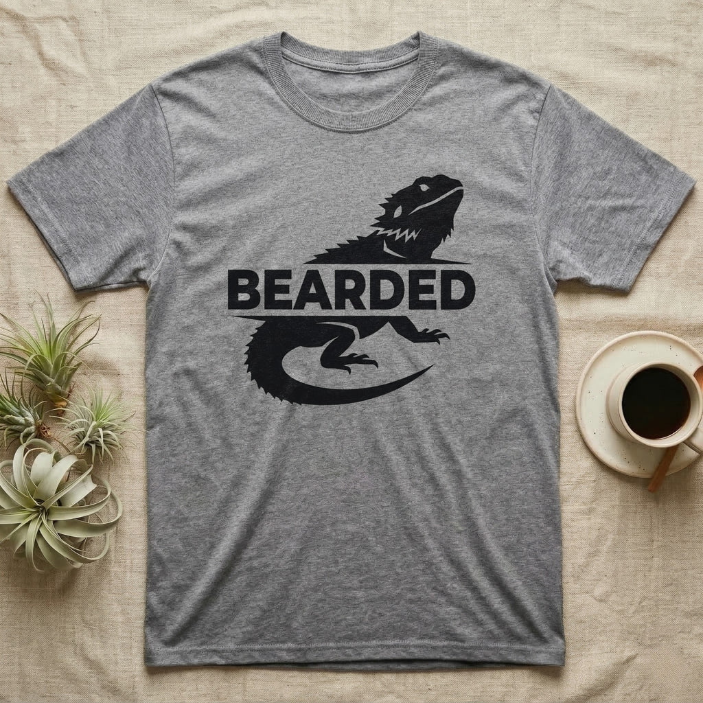 Grey t-shirt with black text "BEARDED" and a lizard silhouette.