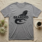Grey t-shirt with black text "BEARDED" and a lizard silhouette.