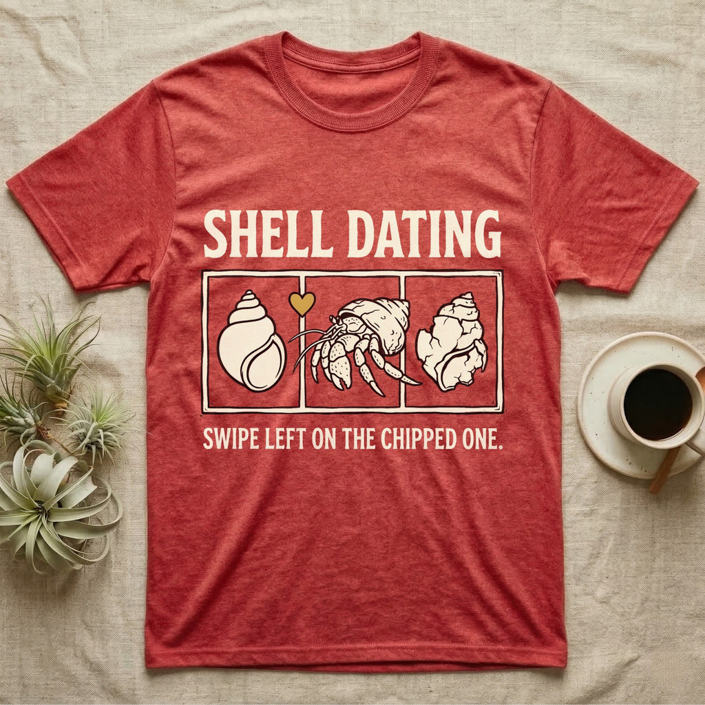 Hermit Crab Shell Dating T-Shirt in Heather Red — Vintage-ink hermit crab leaning toward a pristine shell, chipped shell on the right, carved type "Shell Dating. Swipe Left."